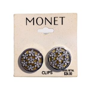Monet Silver Clip On Earrings Button Studs Rhinestone Flower Cluster Statement